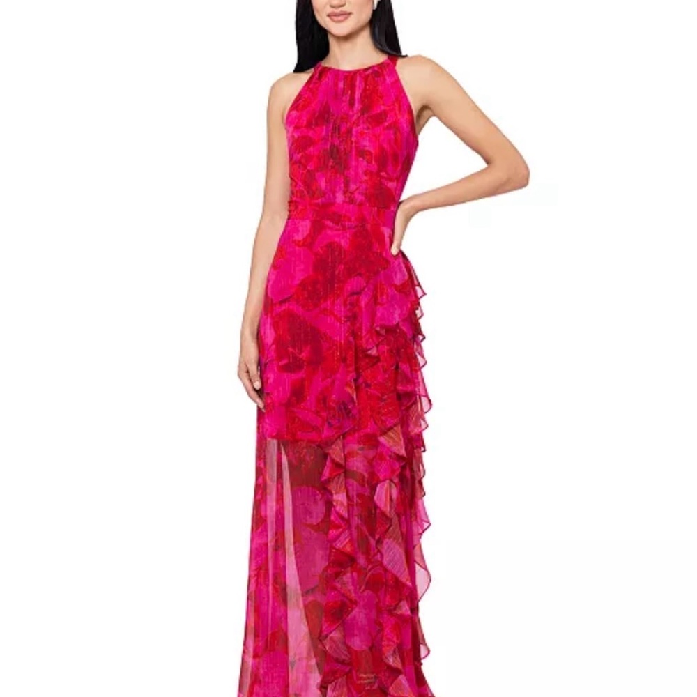 Betsy & Adam Printed Ruffled Halter Gown